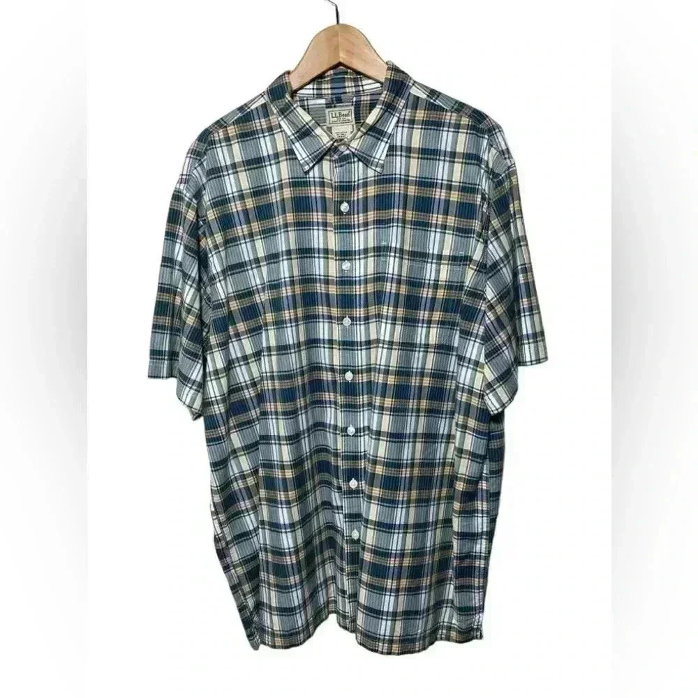 LL Bean Mens Shirt XL Blue green yellow Plaid Button Up Long Sleeve Casual